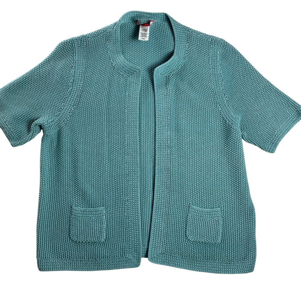 Anne Klein Textured Knit Cardigan Pockets Open Front Teal Womens L